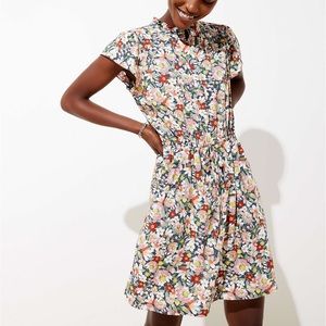 LOFT Gray Ruffle Floral Ruffle Drawstring Dress